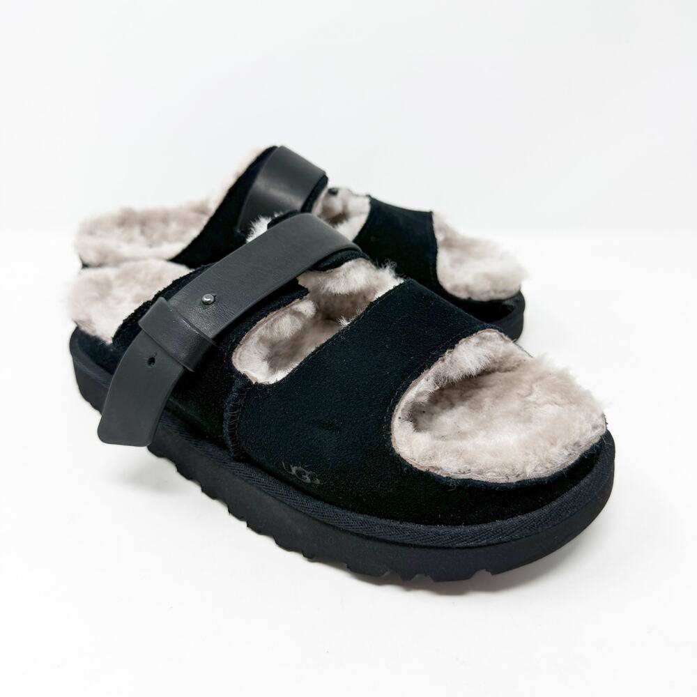 Ugg Black Suede Chunky Slide Sandals w Shearling Lining Women's Size 8 EUC